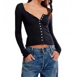 NEW FREE PEOPLE end game pointelle long sleeve top in black